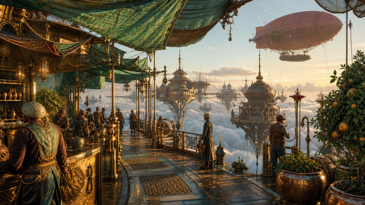 An intricate sky harbor and floating city at sunset