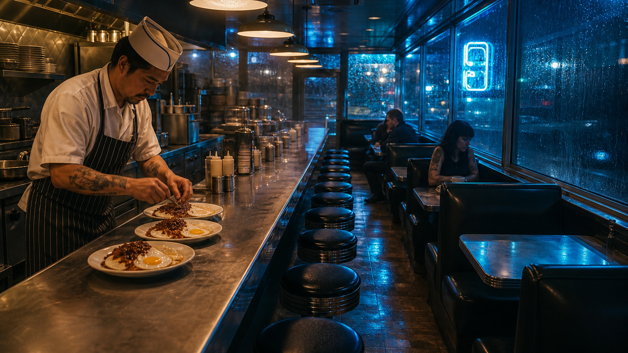 A cinematic late-night diner in blue and amber light