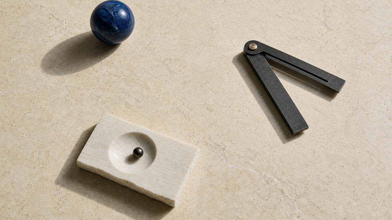 A sculptural object study on a pale stone surface